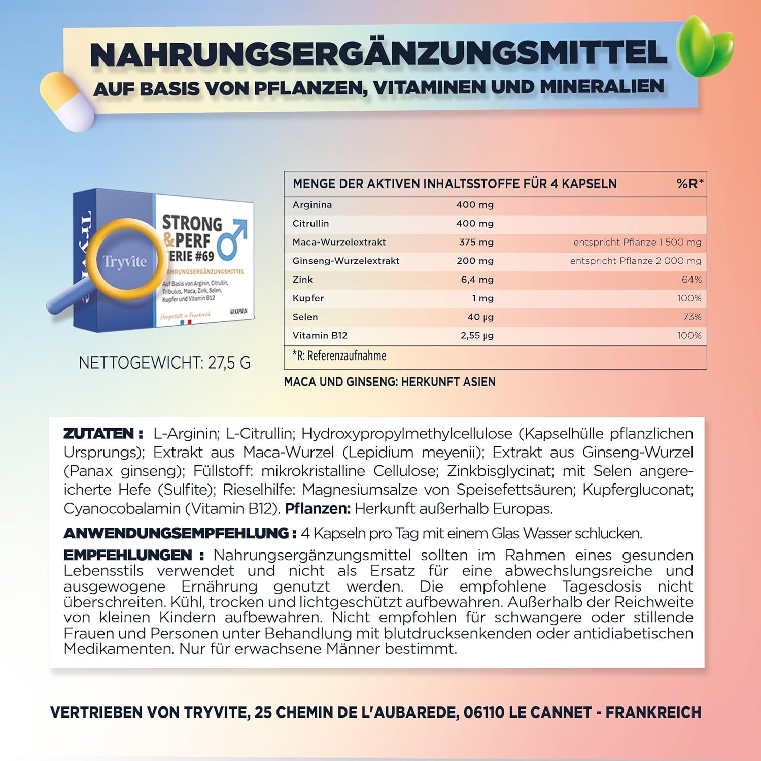 Potenzmittel & Standfestigkeit – TRYVITE Strong & Perf – 60 Capsules for Men – Complex of Ginseng & Maca + Arginine & Citrulline – Zinc & Selenium for Endurance, Vitality & Energy – Bild 4