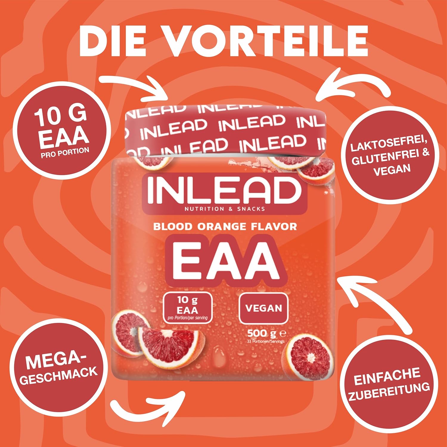 Ausdauer & Energie – INLEAD - EAA Powder | 10,000 mg Essential Amino Acids per Serving | Supports Muscle Protection, Regeneration & Performance | Optimal Solubility - 500 g (Blood Orange - Blood Orange)