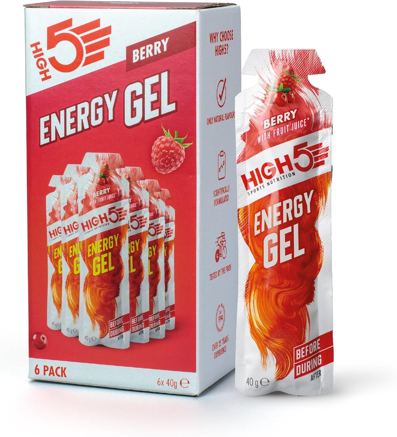 Ausdauer & Energie – HIGH5 Energy Gels - Fast Energy Supply with Sports Gel for Peak Performance - With Natural Fruit Juice, Caffeine-Free - Energy Gel for Running, Marathon, Cycling, Endurance (Berry, 6 x 40 g)