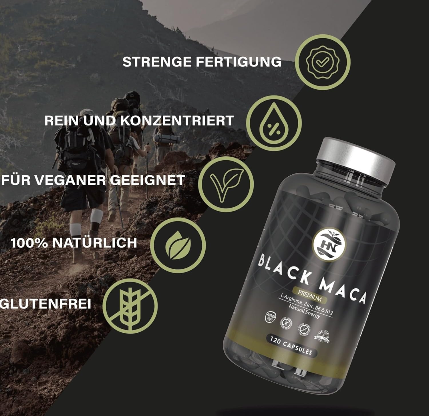 Potenzmittel & Standfestigkeit – Maca Capsules with L Arginine High Dose. Maca Root 20:1 Equivalent to 24000 mg for Maximum Energy and Performance, Black Maca with Vitamins B6 and B12, Black Maca for Men and Women (120 Capsules) – Bild 2