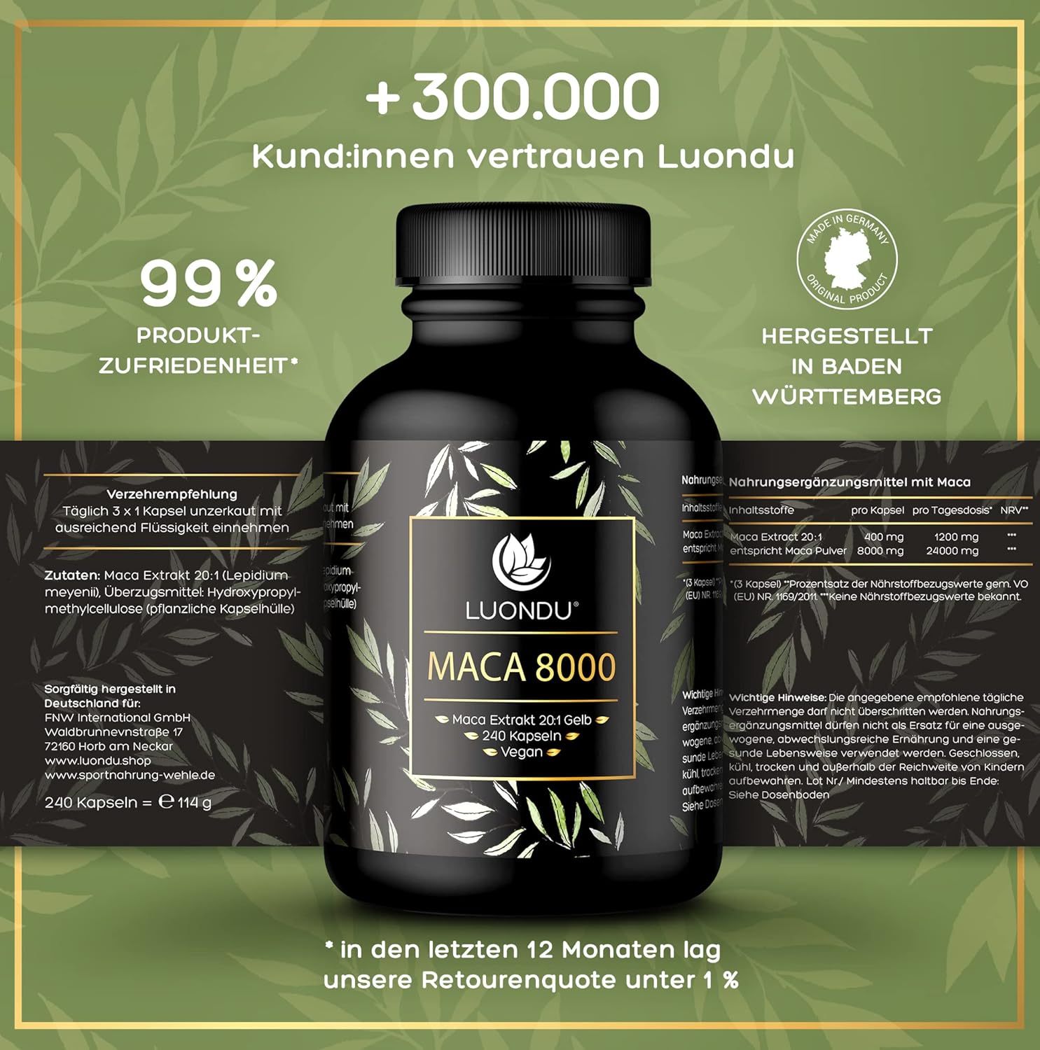 Potenzmittel & Standfestigkeit – Maca 8000 Gold High Dose – 240 Capsules 24,000 mg Per Daily Dose – Maca Capsules with Extra Strong 20:1 Maca Root Extract, Vegan & No Additives – Bild 5