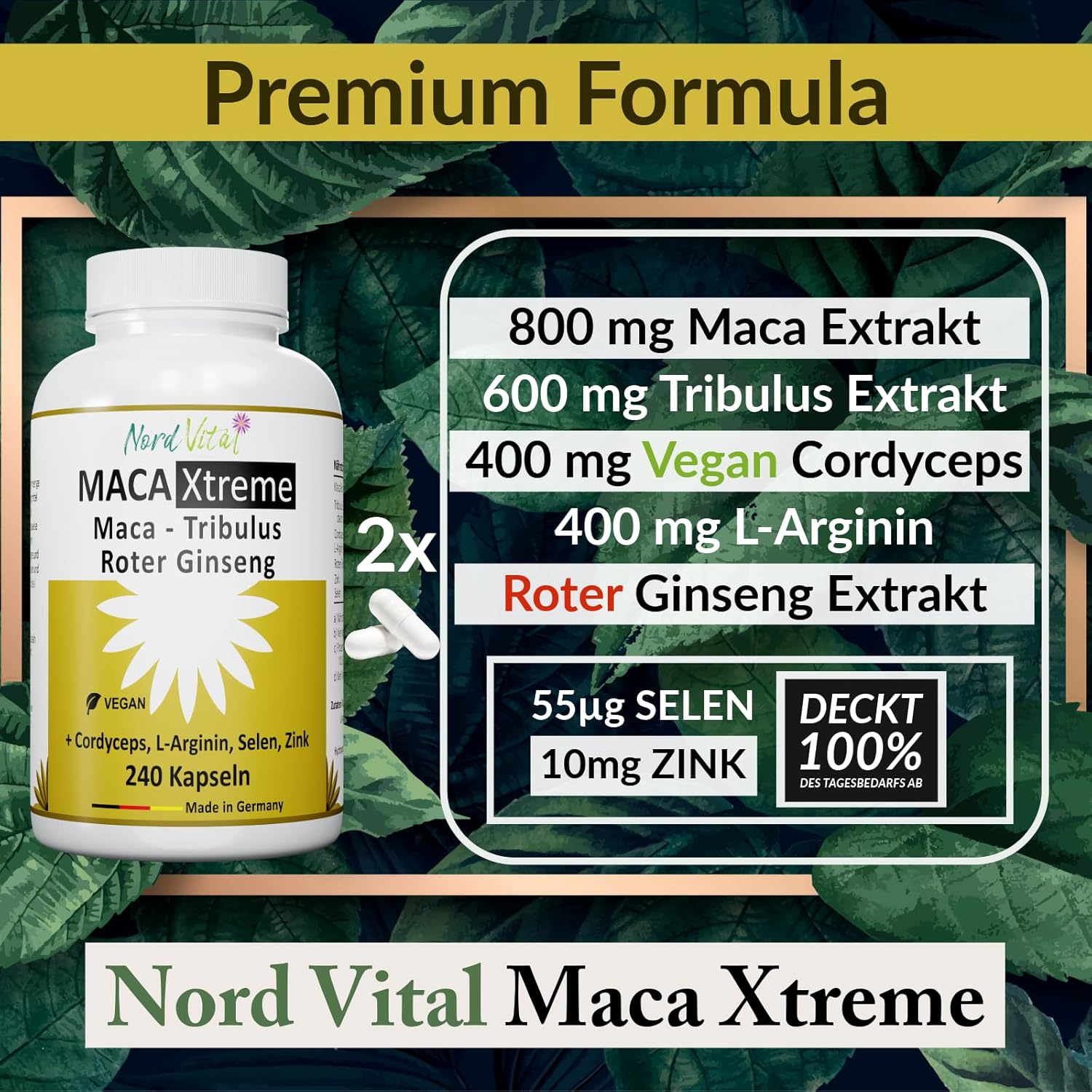 Potenzmittel & Standfestigkeit – Nord Vital Maca Capsules with Cordyceps, L-Arginine and Tribulus Terrestris - Ultra High Dose - with Zinc and Selenium - 240 Vegan Capsules - Made in Germany - High-Quality Formula – Bild 2