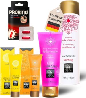 Penisvergrößerung & Pflege – HOT Junggesellinnenbox I Mit Stimulation Gel, Couples Cream, Gleitmittel, Massageöl & Libido-Kapseln I Hochwertige Inhaltsstoffe, verführerische Düfte & Aromen I Ideal als Geschenk