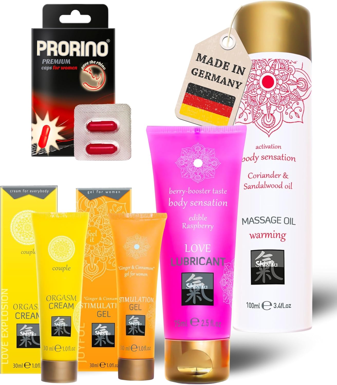 Penisvergrößerung & Pflege – HOT Junggesellinnenbox I Mit Stimulation Gel, Couples Cream, Gleitmittel, Massageöl & Libido-Kapseln I Hochwertige Inhaltsstoffe, verführerische Düfte & Aromen I Ideal als Geschenk