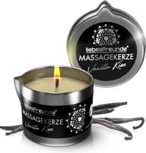 Penisvergrößerung & Pflege – Liebesfreunde® Organic Massage Candle Vanilla Kiss for Sensual Massages with Coconut Oil and Aloe Vera, Erotic Massage Candle for Couples, Sex Candle, 50 ml