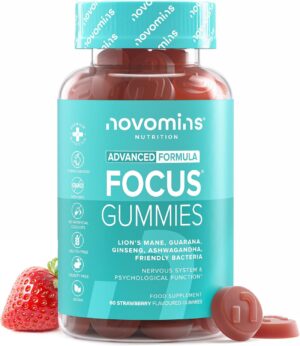 Ausdauer & Energie – Focus Gummies - with Ashwagandha, Caffeine, Ginseng, Ginkgo Biloba, B12, Probiotic, L Theanine - for Focus & Concentration - Brain Supplement - Alternative to Caffeine Tablets - 60 Gummies Novomins