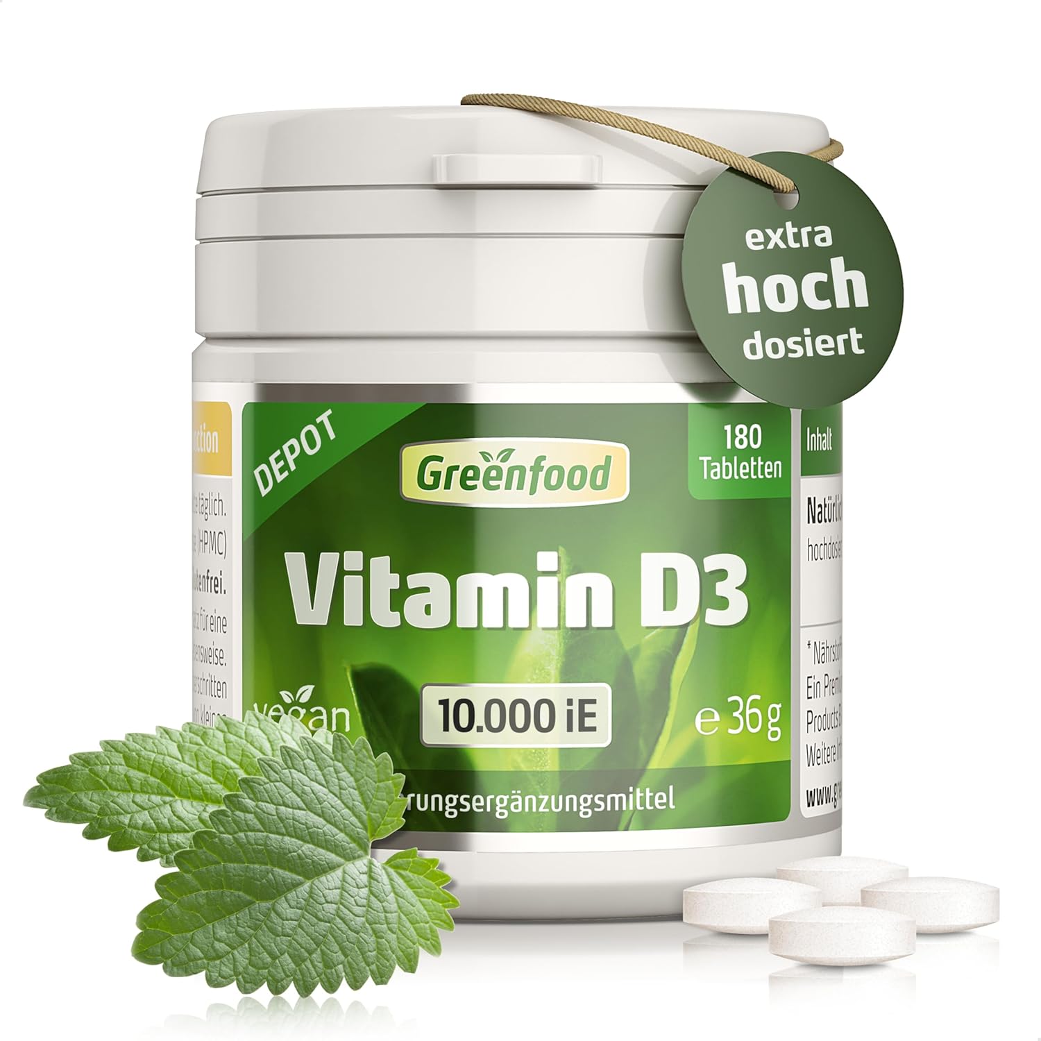 Potenzmittel & Standfestigkeit – Vitamin D3, extra high dose, 10,000 iU - 180 tablets, vegan. 10-day ration - for immune system, bones, muscles and teeth. Without artificial additives. Laboratory tested. From Greenfood.