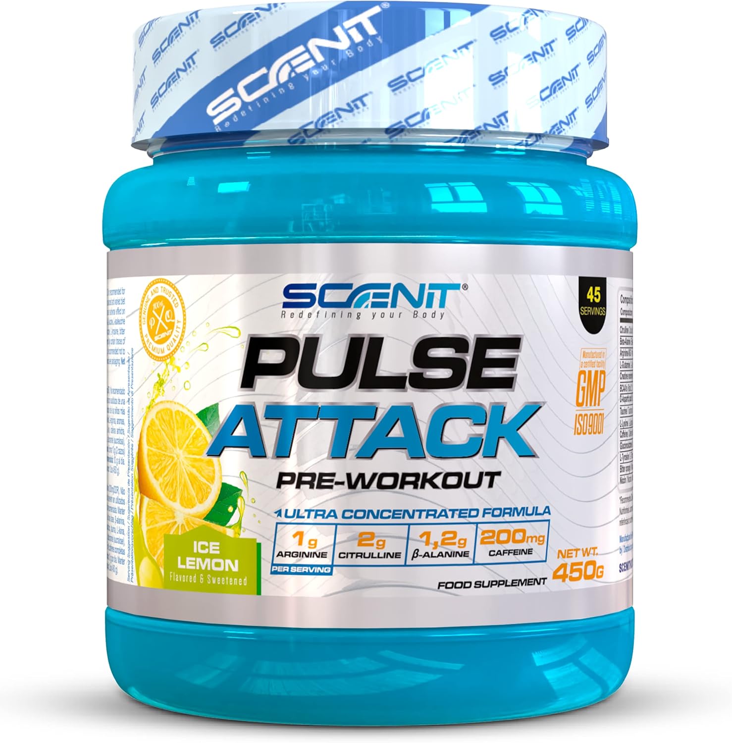 Ausdauer & Energie – Pulse Attack - Pre Workout Booster - Booster Pre Workout - Gym Booster - Pre Workout with L Arginine, Creatine Monohydrate, Taurine, Caffeine - Pre-Workout - 450 g (Lemon)