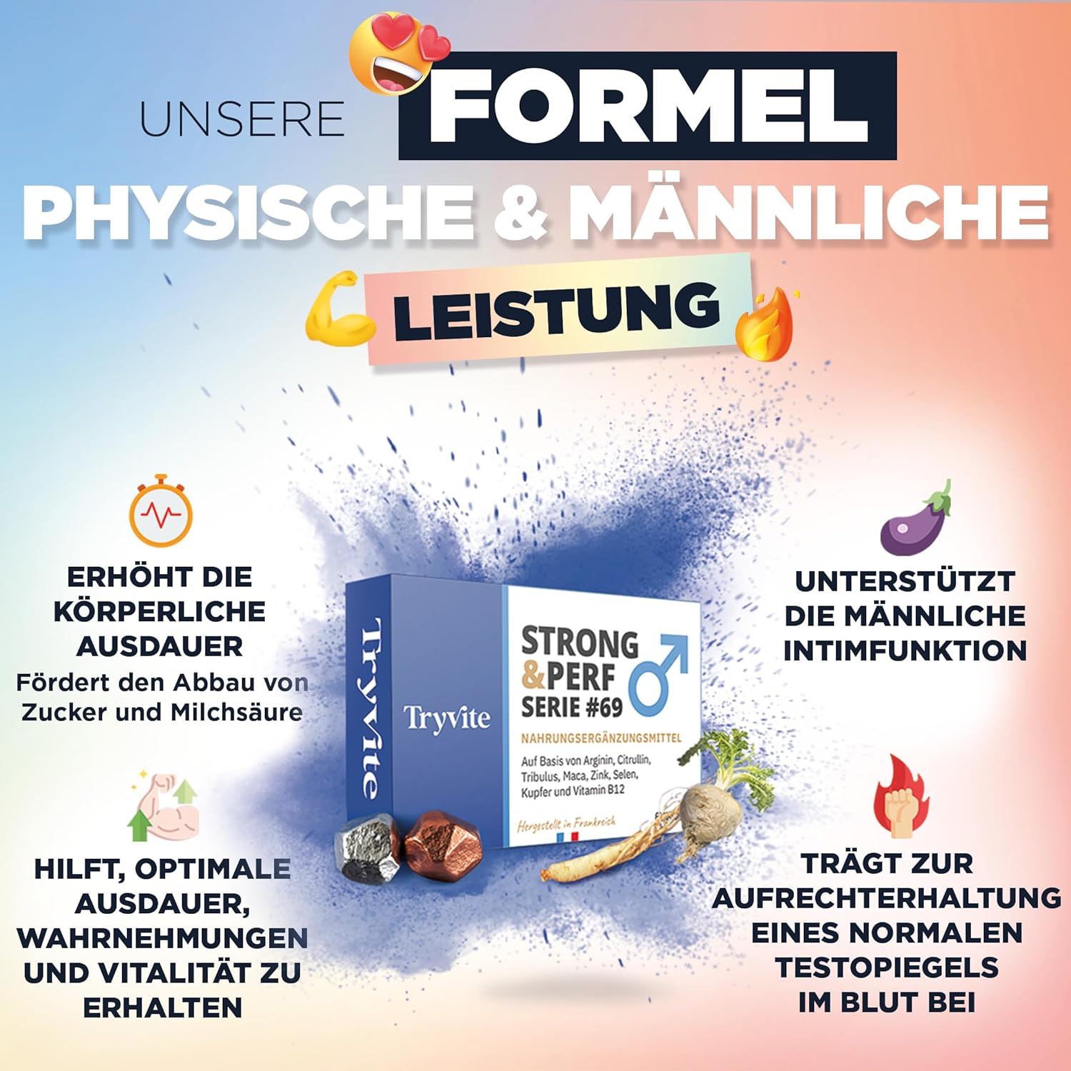 Potenzmittel & Standfestigkeit – TRYVITE Strong & Perf – 60 Capsules for Men – Complex of Ginseng & Maca + Arginine & Citrulline – Zinc & Selenium for Endurance, Vitality & Energy – Bild 2