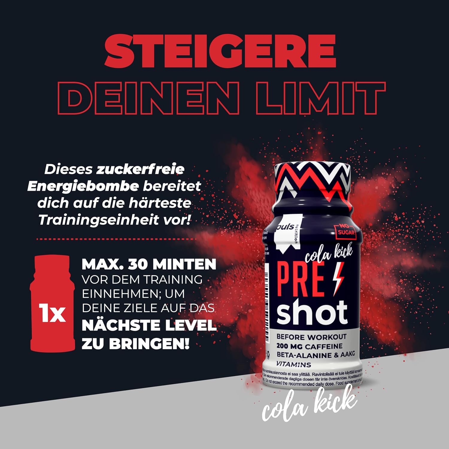 Ausdauer & Energie – Puls Pre Workout Shot Cola Kick 12 x 60 ml - Booster with 200 mg Caffeine, Beta-Alanine, Arginine AKG & B Vitamins – Bild 4