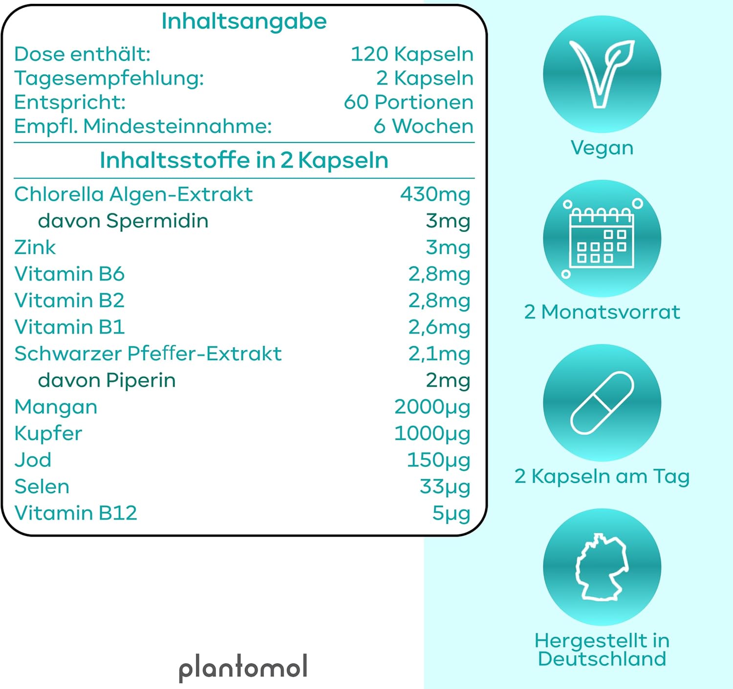 Potenzmittel & Standfestigkeit – 120 idine Capsules High Dose from Chlorella Algae Extract - High Natural Chlorophyll Content + 3 mg idine - 2 Month Supply - Free from Wheat Germ Extract and Gluten - plantomol® – Bild 3