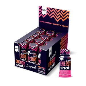 Ausdauer & Energie – PULS Nutrition Energy Shot Tropical 60 ml, Pack of 12. Sugar Free, Vegan, with 200 mg Caffeine, Taurine, Tyrosine and B Vitamins. Ideal as a Vitamin, Immune or Booster Shot for Sports and Everyday Use