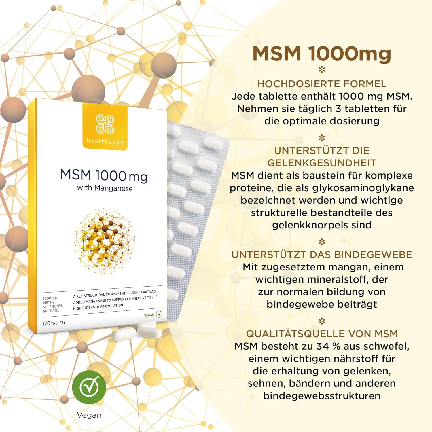 Potenzmittel & Standfestigkeit – Healthspan MSM 1,000 mg with Manganese, Natural Form of MSM, Sulphur, Purified Methylsulfonylmethane, For Joint Cartilage, Vegan, 120 Tablets – Bild 4