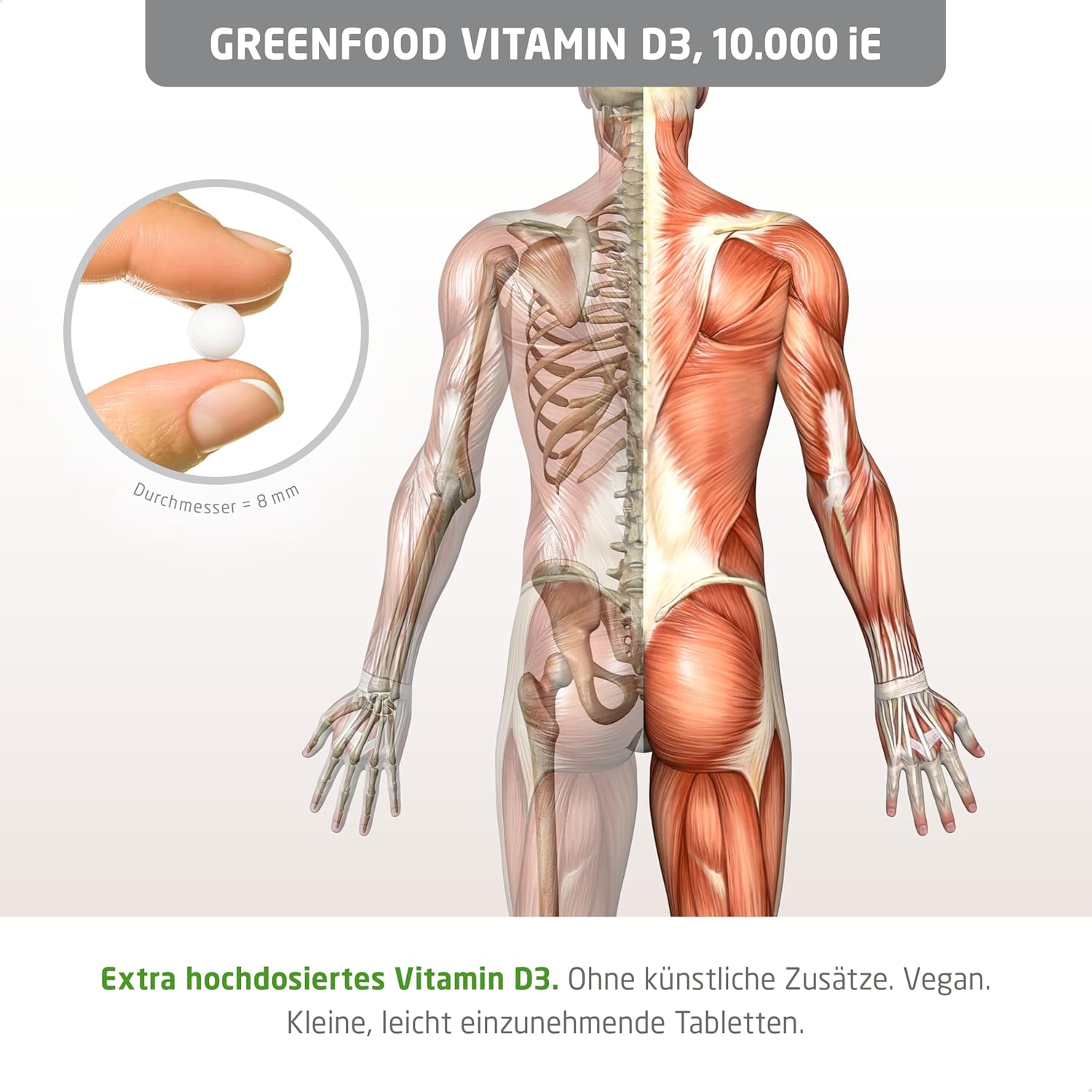 Potenzmittel & Standfestigkeit – Vitamin D3, extra high dose, 10,000 iU - 180 tablets, vegan. 10-day ration - for immune system, bones, muscles and teeth. Without artificial additives. Laboratory tested. From Greenfood. – Bild 3