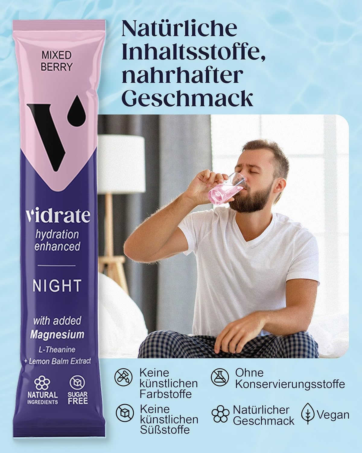 Ausdauer & Energie – Electrolyte Powder without Sugar - Night Time Mixed Berry Flavoured Electrolyte Drink with Vitamins & Natural Ingredients for Adults - ViDrate Pack of 8 Hydration Powder Bags – Bild 4