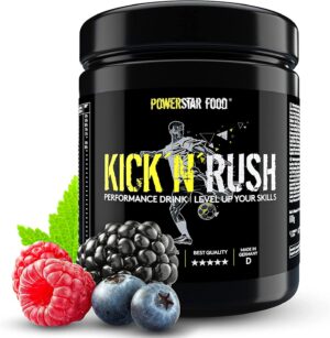 Ausdauer & Energie – Powerstar Kick'N'Rush Wild Berry 600 g Pre-Workout Booster for Football & Other Ball Sports, Made in Germany, Fitness Powder with Electrolytes & Caffeine, Energy & Endurance in Training