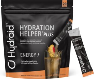 Ausdauer & Energie – Hydraid® Plus Energy Peach Iced Tea - Electrolyte Powder with Caffeine - More Energy & More Focus - 20 Sticks with Green Tea Extract and Theanine