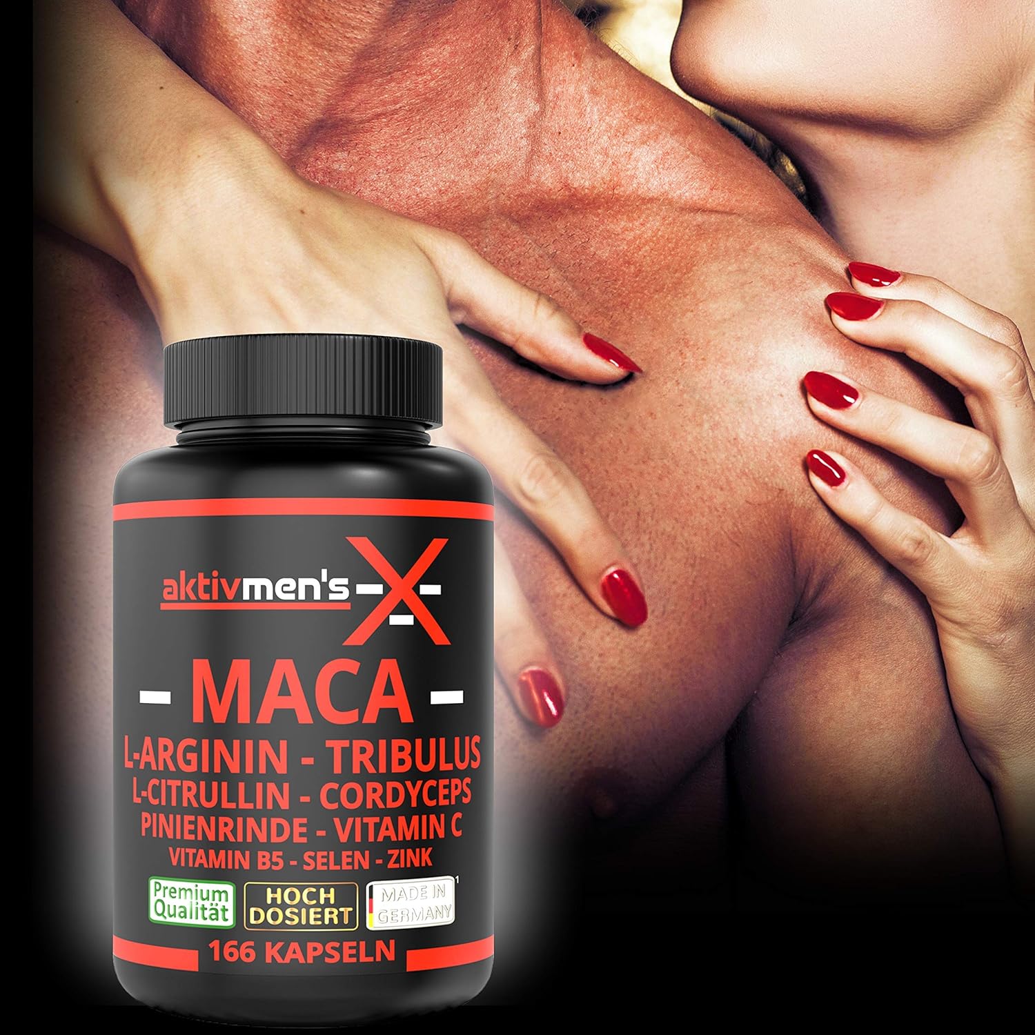 Potenzmittel & Standfestigkeit – aktivmen's X Maca Black - Devilish Good Dose - 166 Capsules + L-Arginine, L-Citrulline, Cordyceps, Tribulus, Pine Bark Extract, Selenium, Vitamin C + B5, Zinc, 1 Can (1 x 135.6 g) – Bild 3