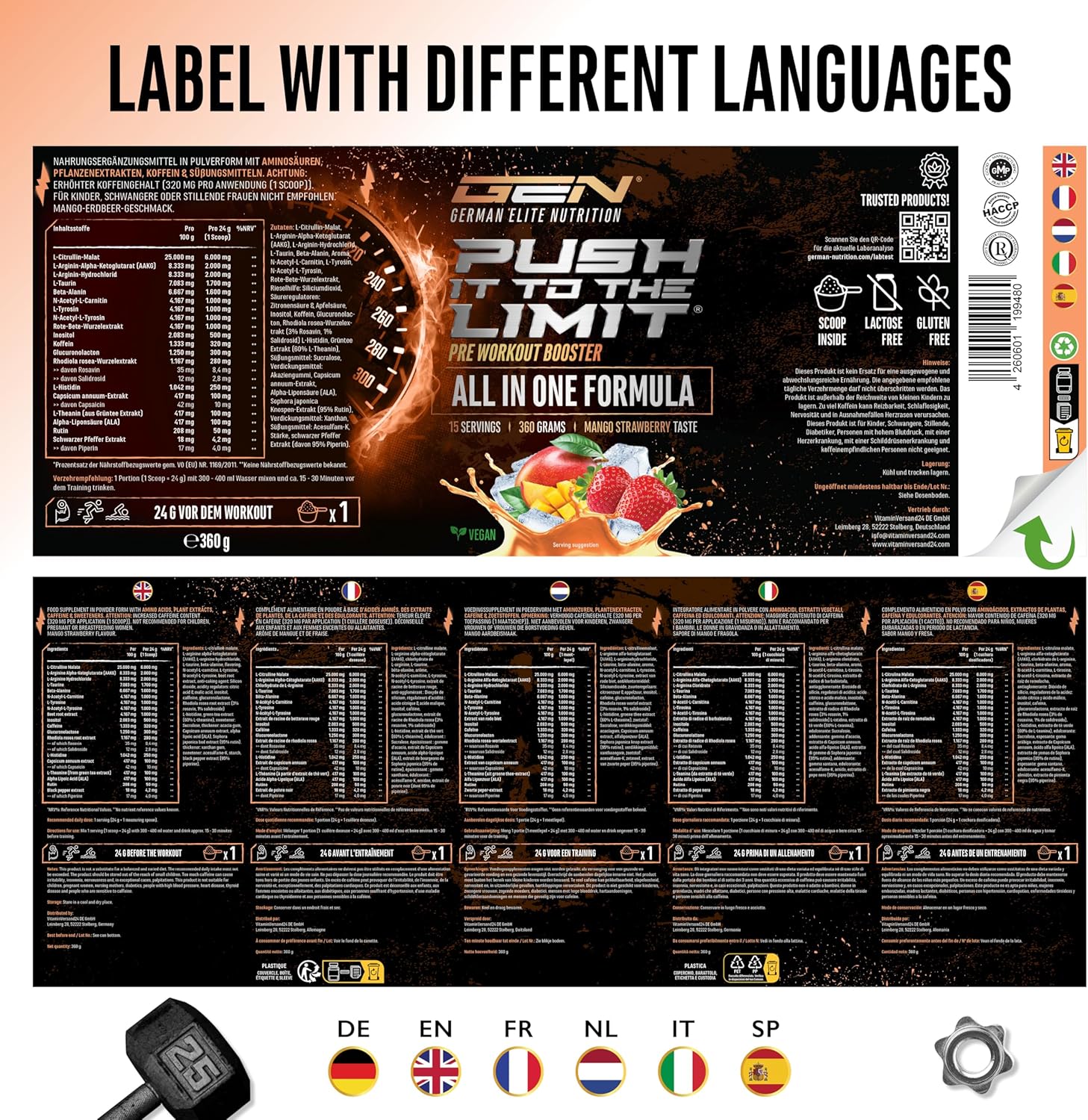 Ausdauer & Energie – Push it to the Limit - Pre Workout with L-Arginine + Citrulline + L-Tyrosine + L-Theanine + L-Carnitine + AAKG + Taurine + Rhodiola Rose Root + Caffeine - High Dose - 360 g - Mango Strawberry Taste – Bild 8