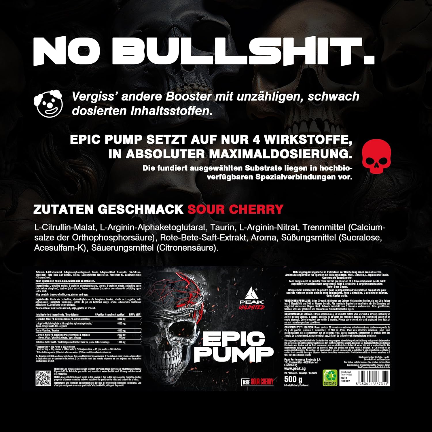 Ausdauer & Energie – PEAK Epic Pump - 500 g Flavour Sour Cherry I 20 Servings I Concentrated Pre Workout Booster without Caffeine with L-Citrulline Malate, L-Arginine AKG (AAKG) / Nitrate, Taurine I Vegan – Bild 5