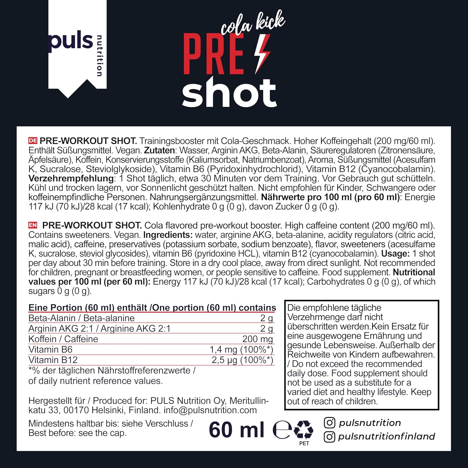 Ausdauer & Energie – Puls Pre Workout Shot Cola Kick 12 x 60 ml - Booster with 200 mg Caffeine, Beta-Alanine, Arginine AKG & B Vitamins – Bild 6