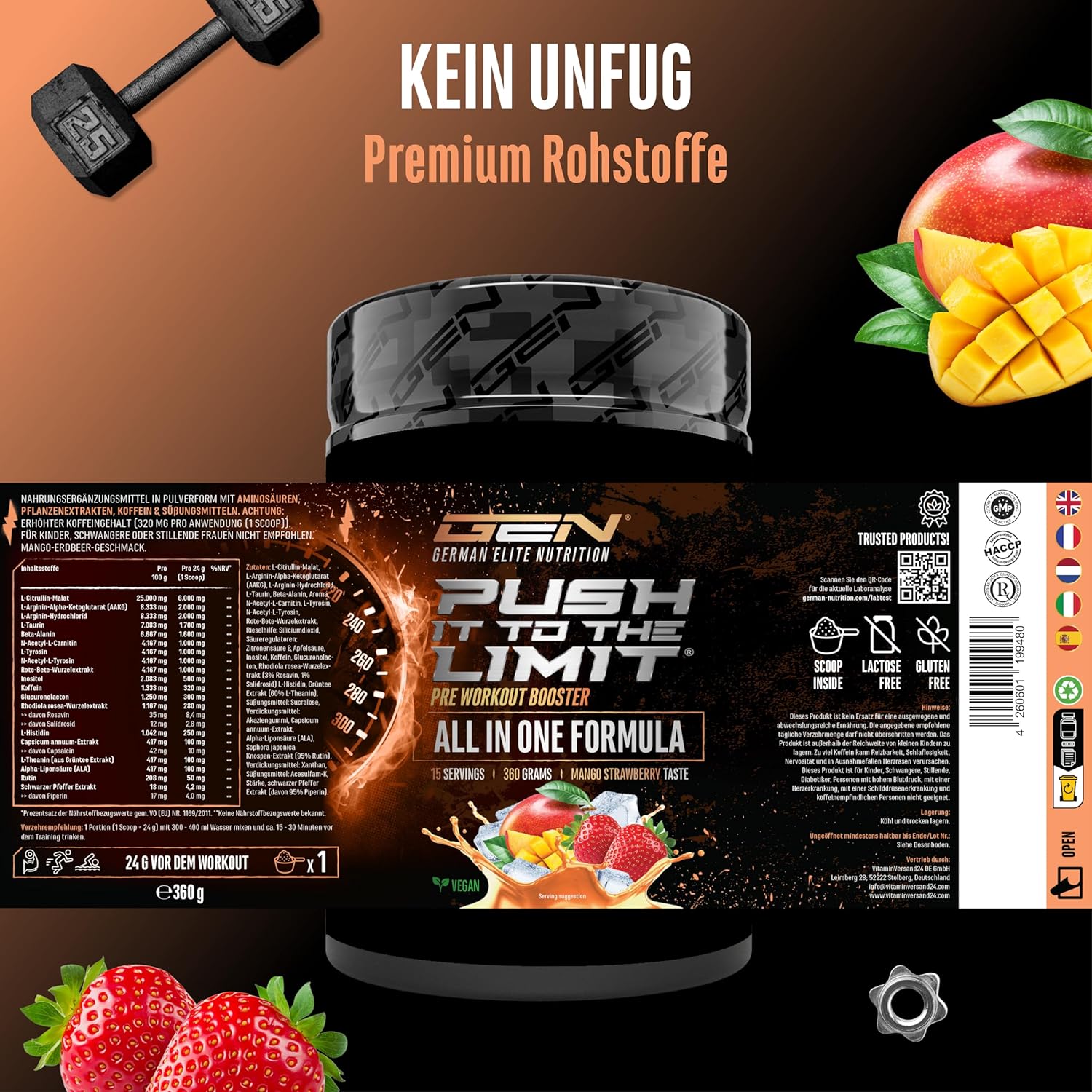 Ausdauer & Energie – Push it to the Limit - Pre Workout with L-Arginine + Citrulline + L-Tyrosine + L-Theanine + L-Carnitine + AAKG + Taurine + Rhodiola Rose Root + Caffeine - High Dose - 360 g - Mango Strawberry Taste – Bild 6