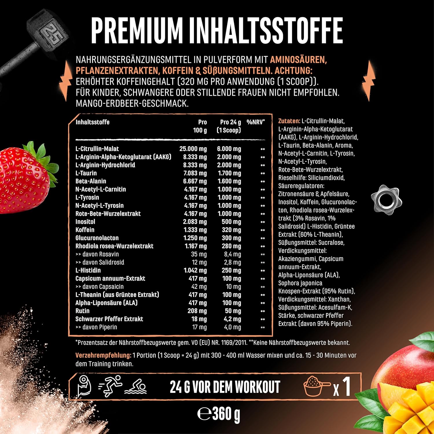 Ausdauer & Energie – Push it to the Limit - Pre Workout with L-Arginine + Citrulline + L-Tyrosine + L-Theanine + L-Carnitine + AAKG + Taurine + Rhodiola Rose Root + Caffeine - High Dose - 360 g - Mango Strawberry Taste – Bild 7