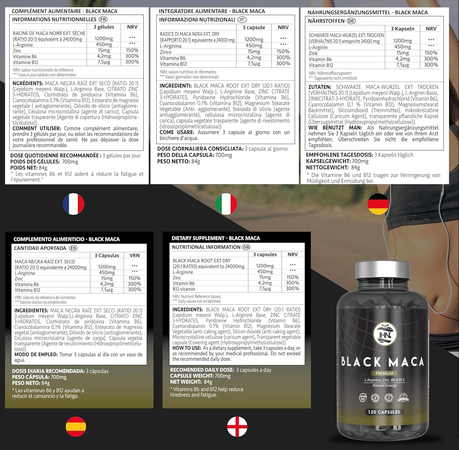 Potenzmittel & Standfestigkeit – Maca Capsules with L Arginine High Dose. Maca Root 20:1 Equivalent to 24000 mg for Maximum Energy and Performance, Black Maca with Vitamins B6 and B12, Black Maca for Men and Women (120 Capsules) – Bild 6